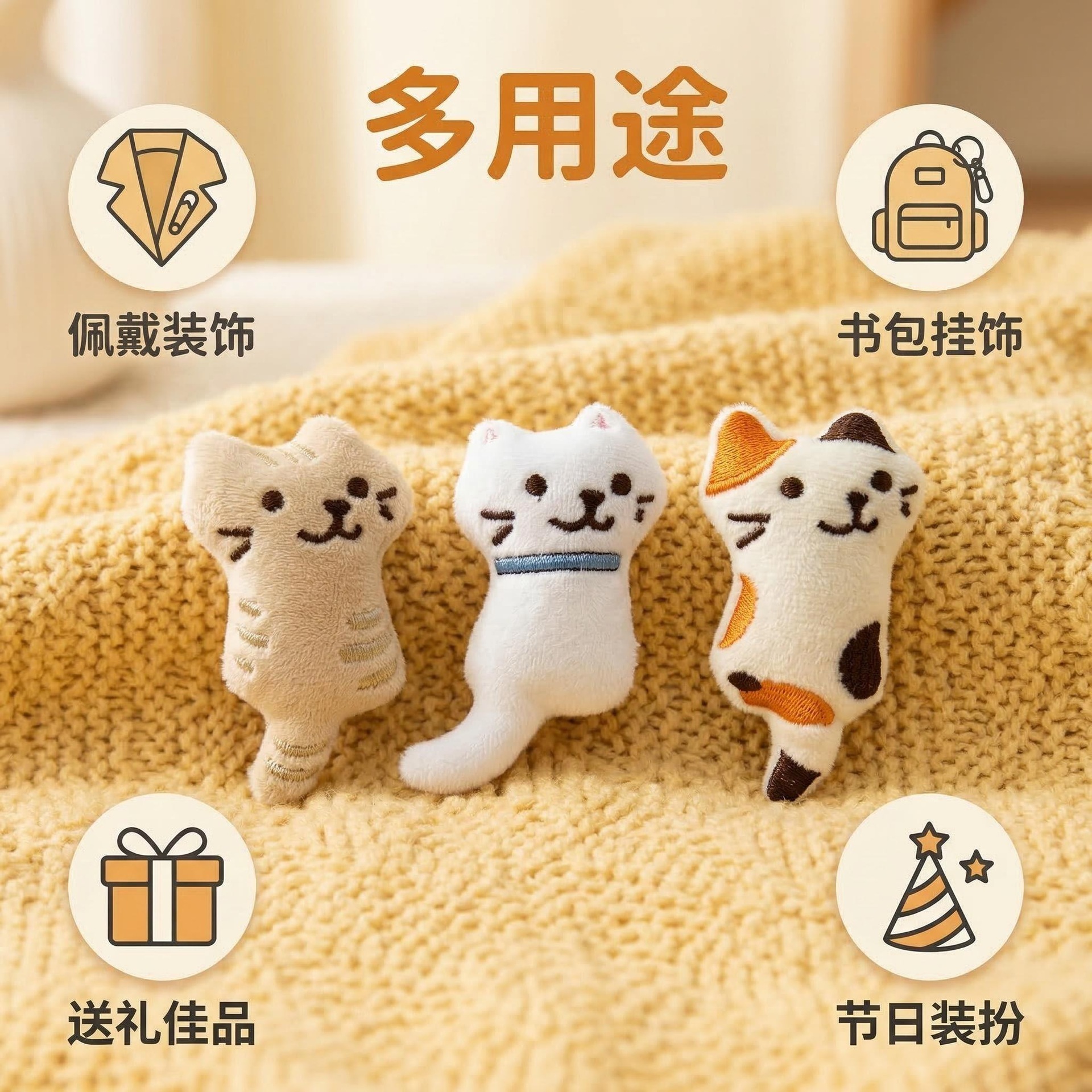 软萌猫咪绒面胸针三款可选可爱毛绒配饰书包挂件送礼佳品